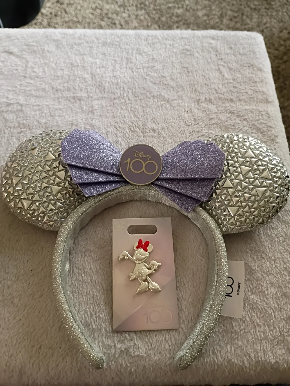 Silver Disney 100th Celebration Ears With Minnie Mouse Pin